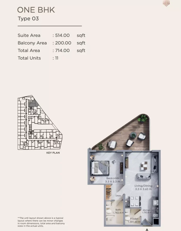 Terra Tower floor plan 1-спальн. · 714 sqft