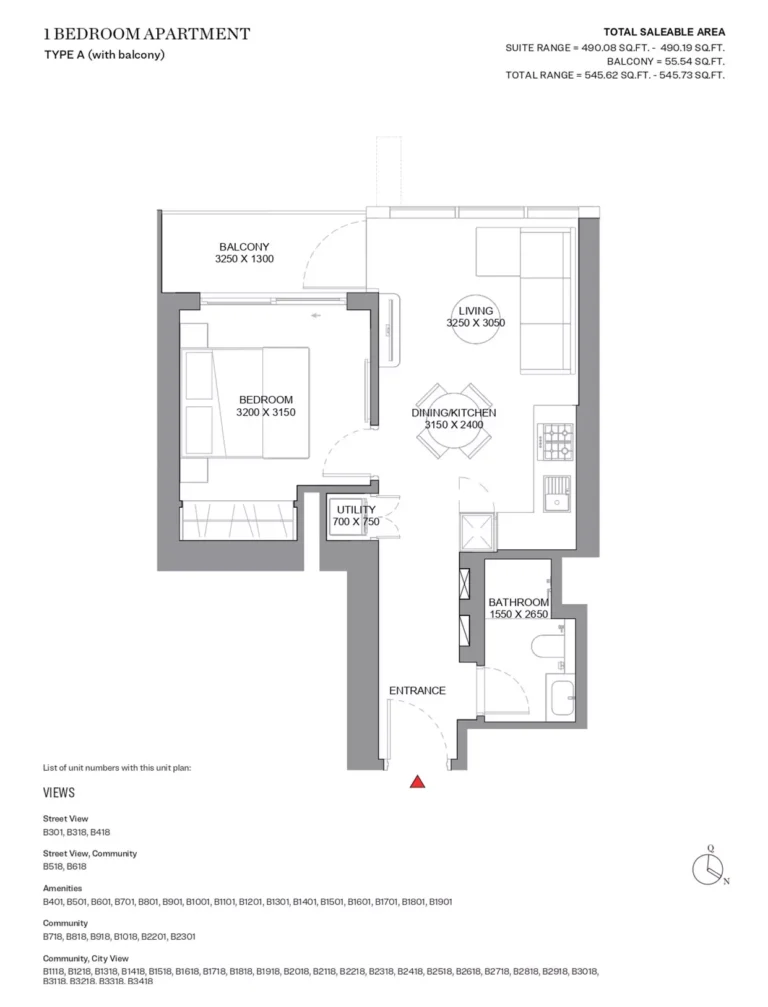 Sobha Orbis floor plan 1 BR · 545 sqft
