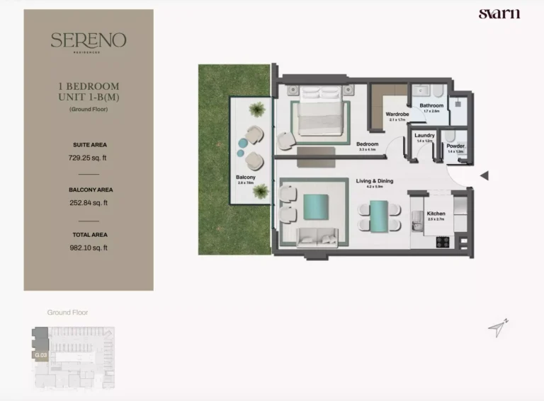 Sereno Residences floor plan 1 BR · 982 sqft