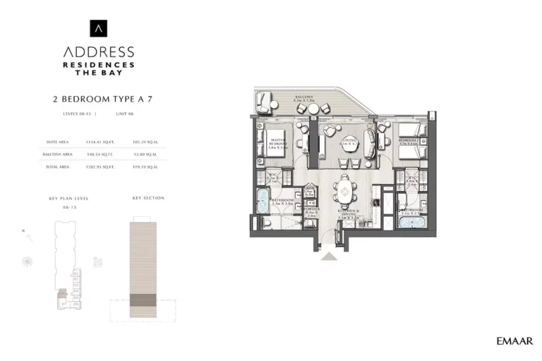 Address Residences The Bay floor plan 2-спальн. · 1282 sqft