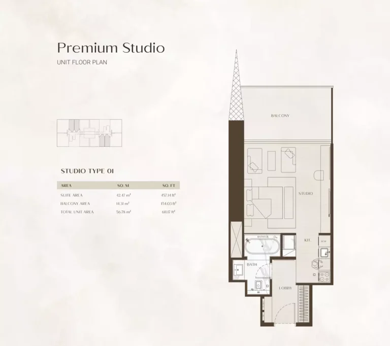 One by Binghatti floor plan Studio · 611 sqft