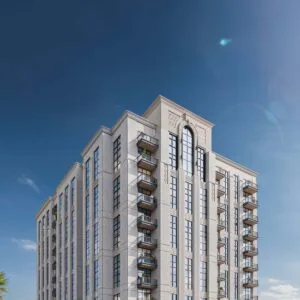 Modern multi-story residential building with balconies and decorative facade