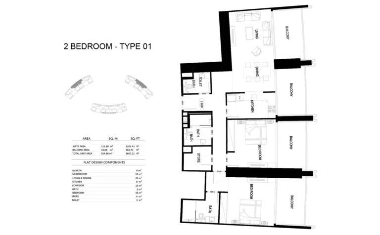 Binghatti Skyrise floor plan 2 BR · 1667 sqft