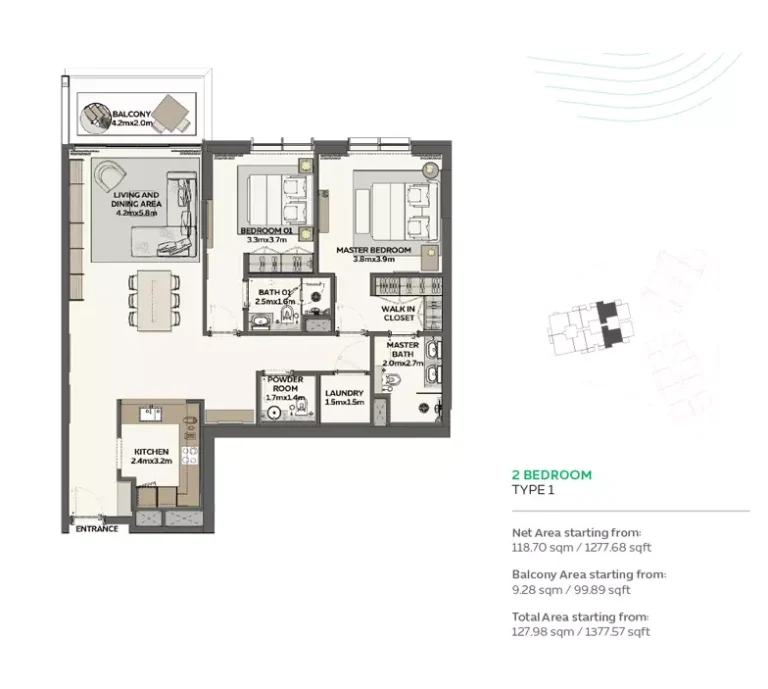 Sidr Residences floor plan 2 BR · 1377 sqft