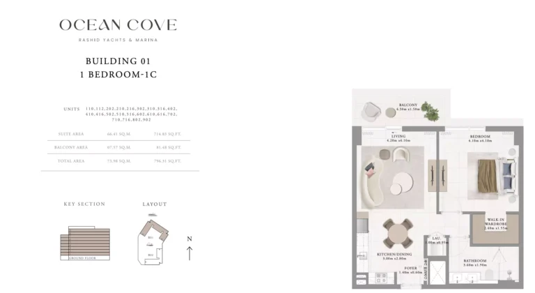 Ocean Cove floor plan 1 BR · 796 sqft