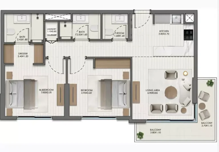Evelyn on the Park floor plan 2 BR · 967 sqft