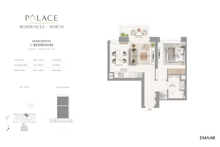 Palace Residences North floor plan 1 BR · 638 sqft