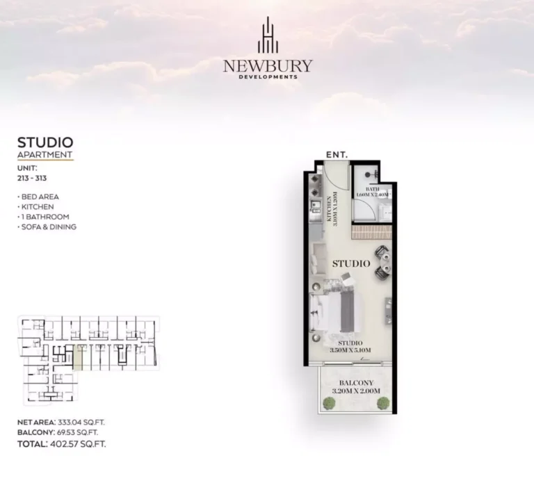 Chapter 01 by Newbury floor plan Studio · 402 sqft