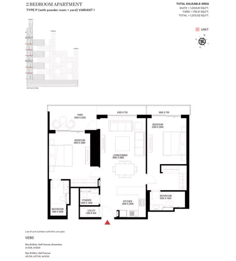 Sobha One floor plan 2 BR · 1213 sqft