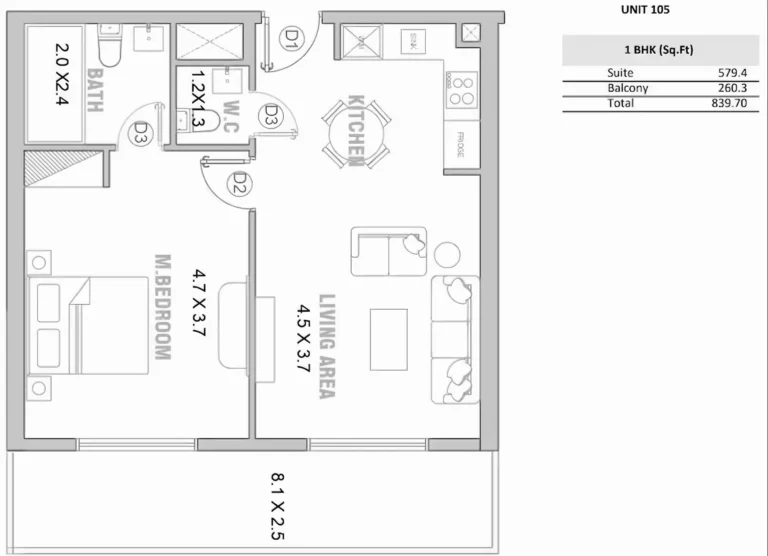 Equiti Garden floor plan 1 BR · 839 sqft