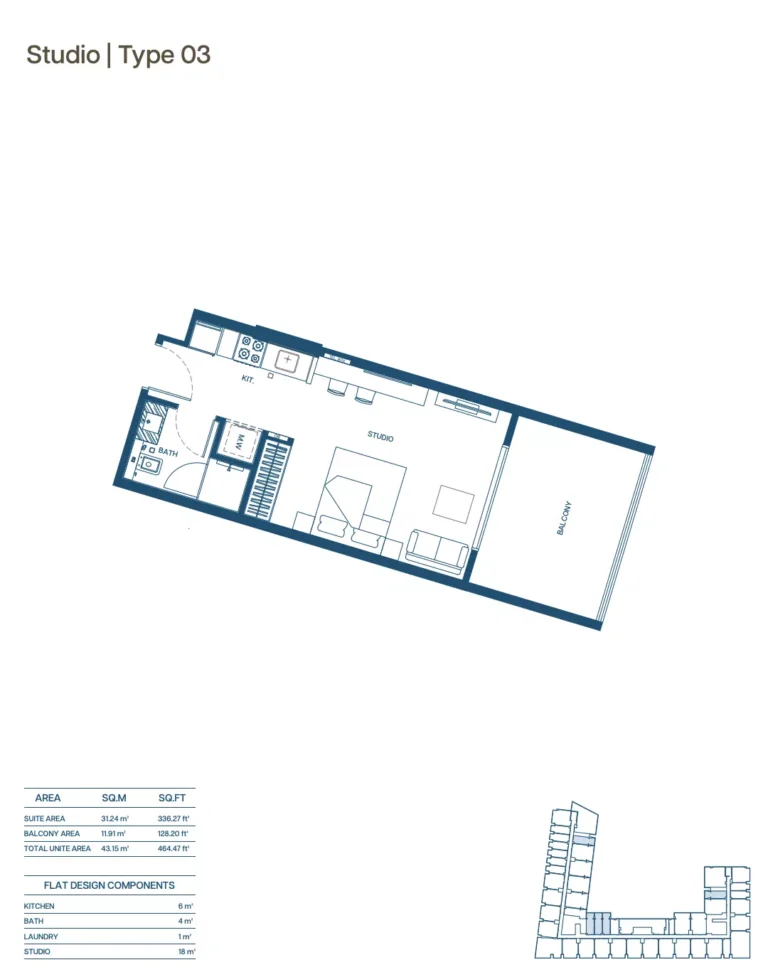 Binghatti Aurora floor plan Studio · 464 sqft