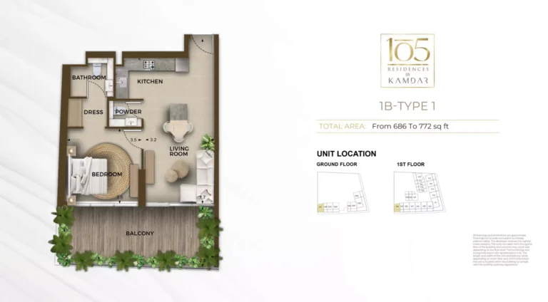 105 Residences by Kamdar floor plan 1-спальн. · 686 sqft