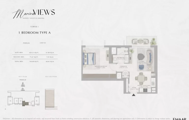 Marina Views floor plan 1-спальн. · 740 кв. фут