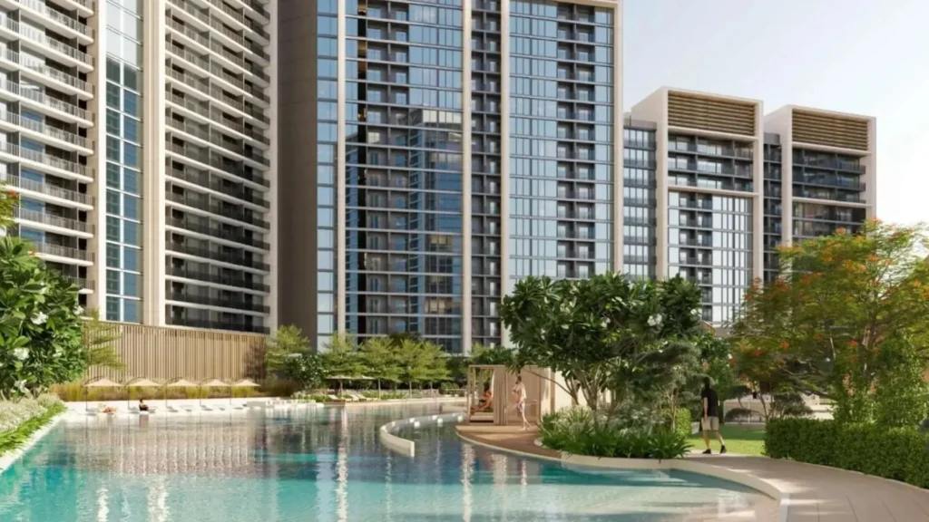 Sobha Orbis Tower A — Бассейн и благоустроенная территория жилого комплекса.