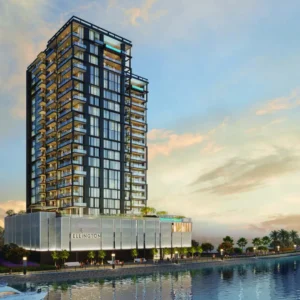 Exterior view of Crestmark tower by waterfront in Business Bay Dubai by Ellington Properties Development LLC