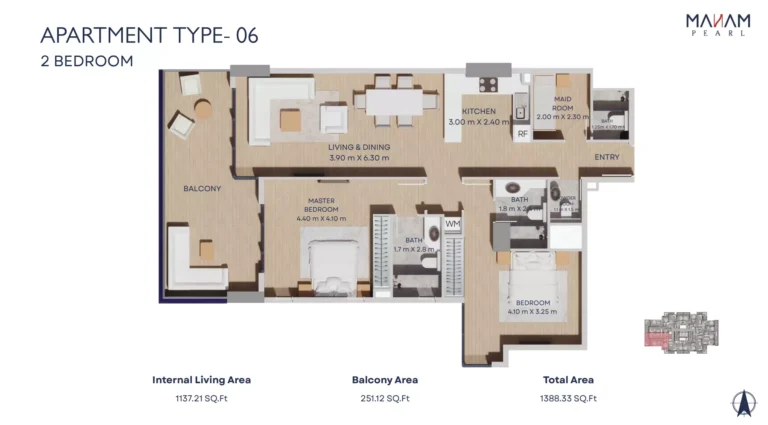 Manam Pearl floor plan 2-спальн. · 1388 sqft