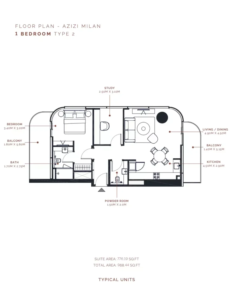 Azizi Milan 51 floor plan 1 BR · 776 sqft