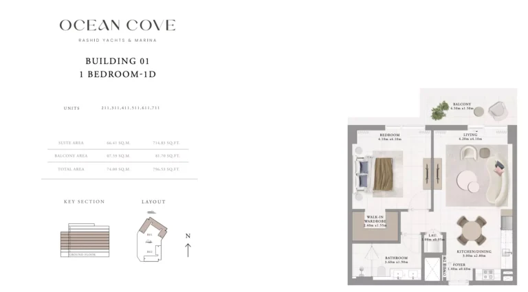 Ocean Cove floor plan 1 BR · 796 sqft