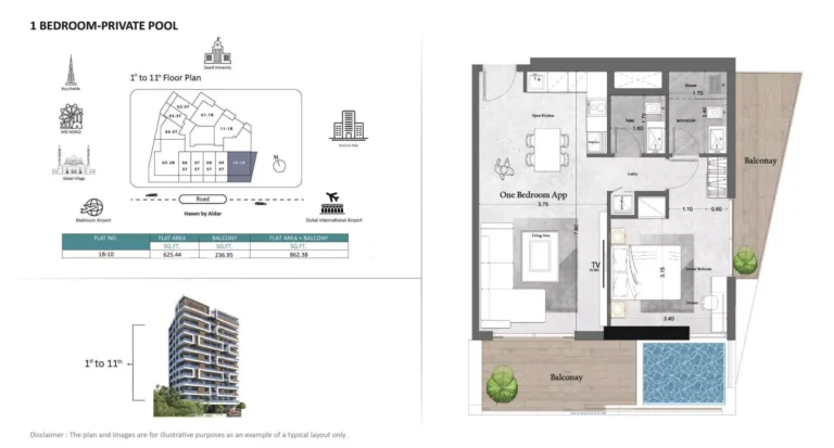 Saray Prime Residence floor plan 1-спальн. · 862 sqft