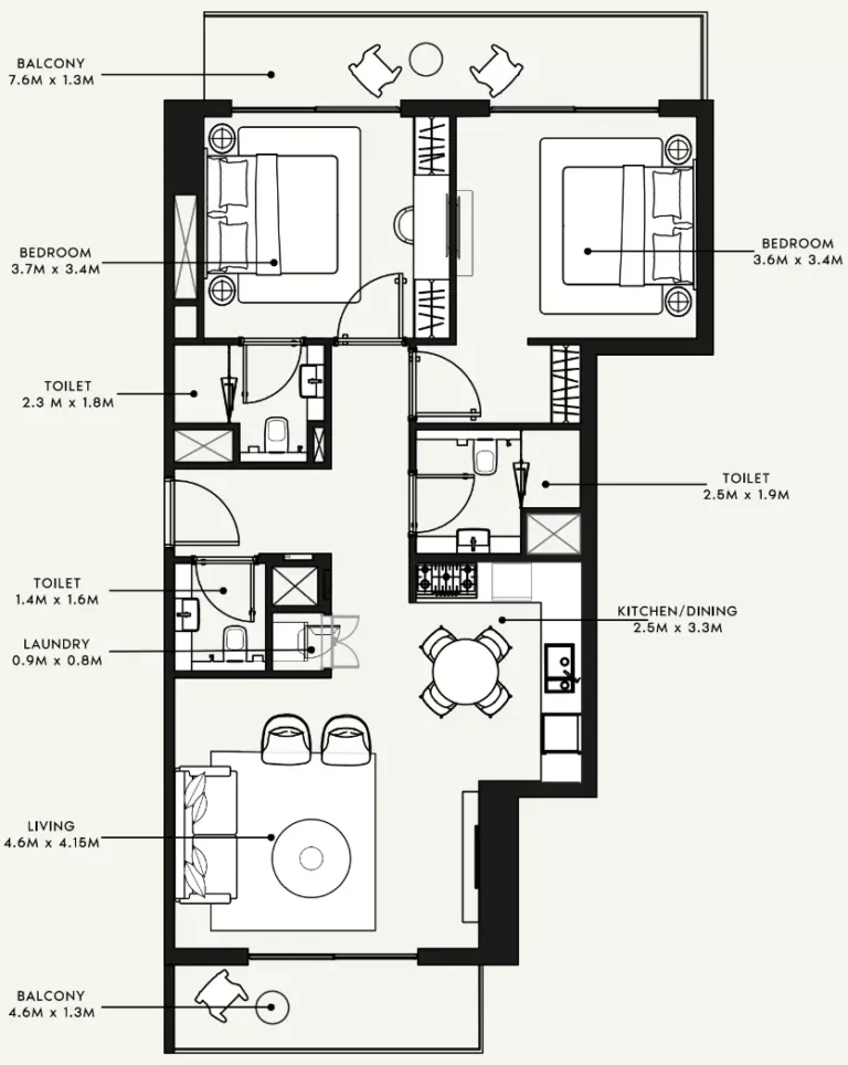Azizi Milan 55 floor plan 2 BR · 1111 sqft
