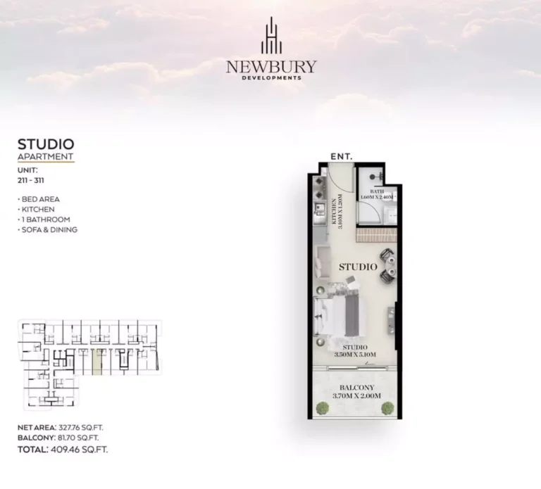 Chapter 01 by Newbury floor plan Studio · 409 sqft