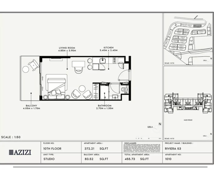 Azizi Riviera 53 floor plan Studio · 455 sqft