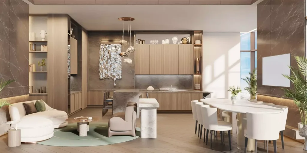 Mercer House South Tower — Совмещённая кухня, столовая и гостиная