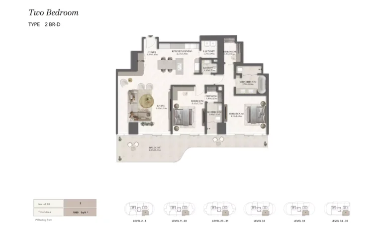 Jumeirah Residences Asora Bay floor plan 2 BR · 1880 sqft