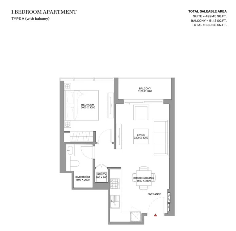 Skyvue Solair floor plan 1 BR · 551 sqft