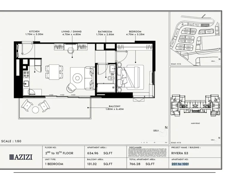 Azizi Riviera 53 floor plan 1 BR · 766 sqft
