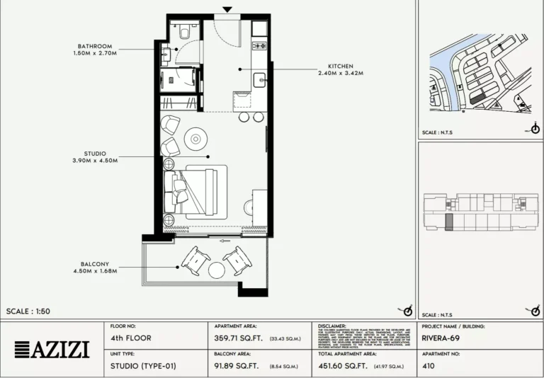 Azizi Riviera 69 floor plan Студия · 452 sqft