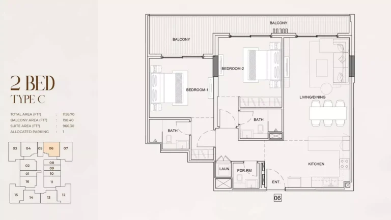 Myra Residences floor plan 2 BR · 1158 sqft