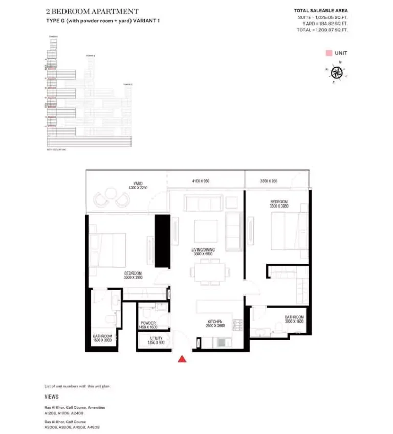 Sobha One floor plan 2 BR · 1209 sqft