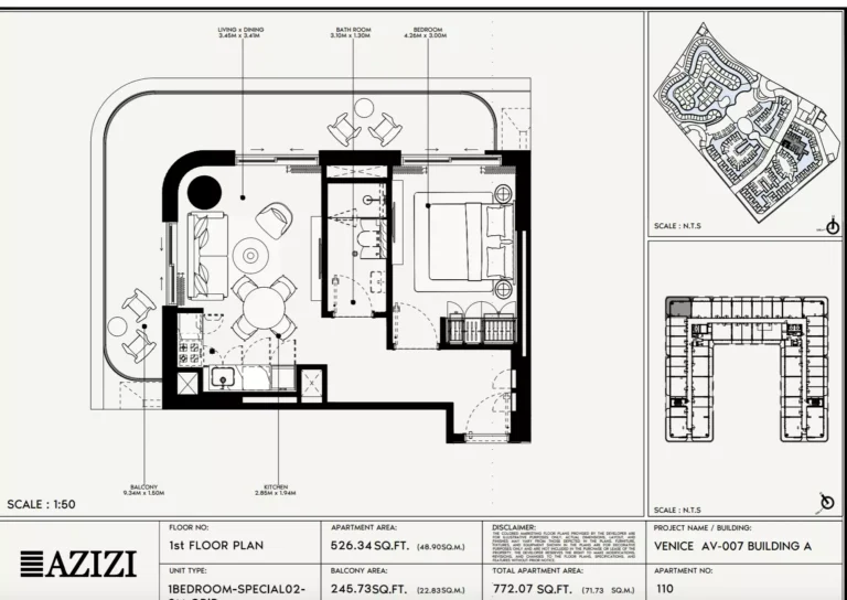 Azizi Venice 7 floor plan 1 BR · 772 sqft