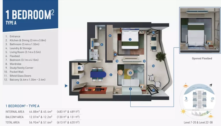 Rove Home Dubai Marina floor plan 1-спальн. · 613 кв. фут