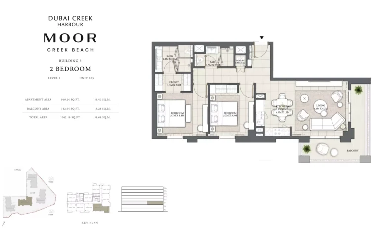 Moor at Creek Beach floor plan 2-спальн. · 1062 sqft