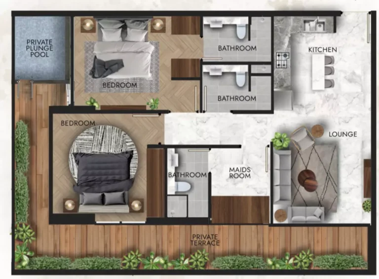 Lucky Royale Residence floor plan 2-спальн. · 1200 sqft