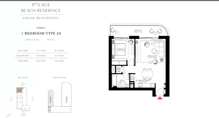Palace Beach Residence floor plan 1-спальн. · 850 sqft