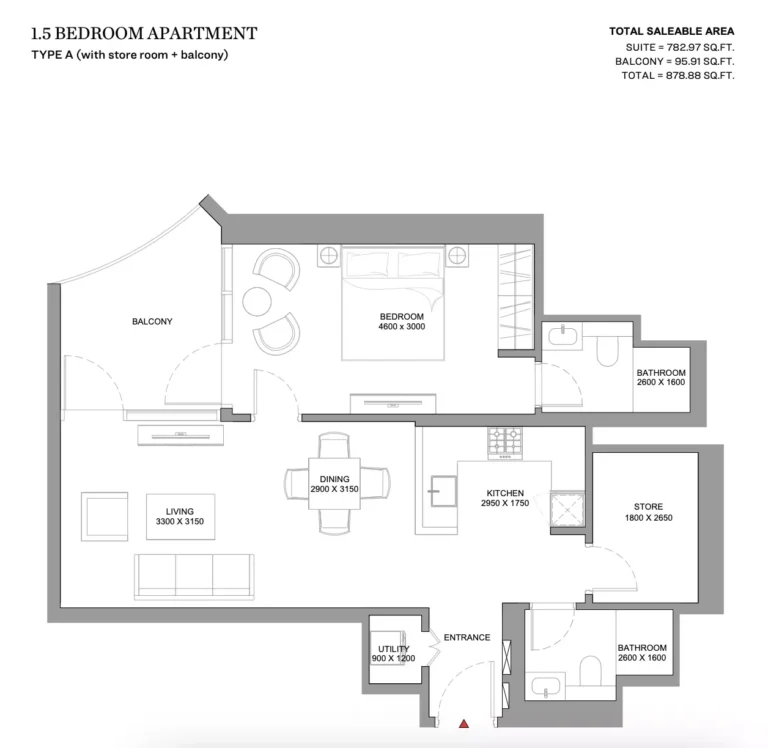 Skyvue Stellar floor plan 2-спальн. · 878 sqft