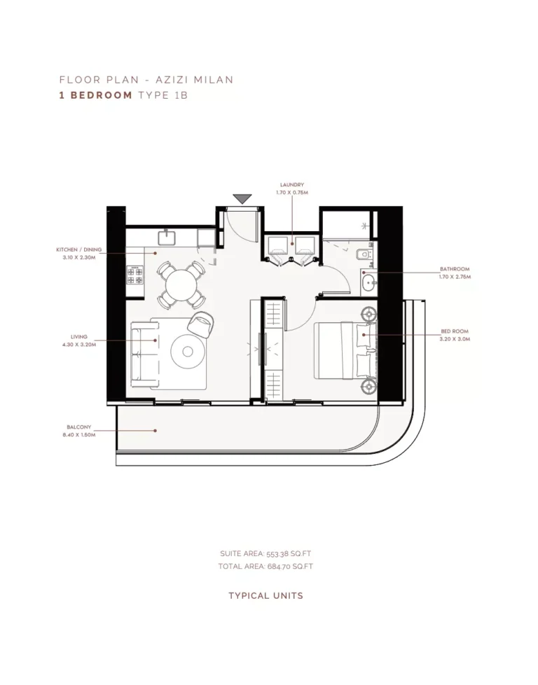 Azizi Milan 30 floor plan 1 BR · 684 sqft