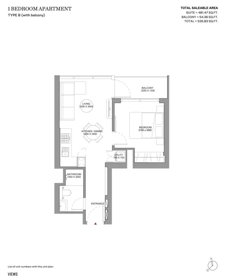 Sobha Solis floor plan 1 BR · 535 sqft