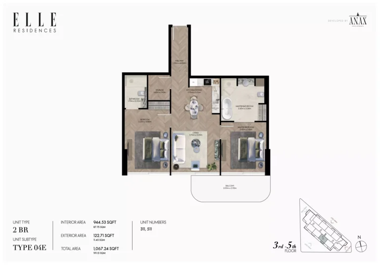 Elle Residences floor plan 2 BR · 1067 sqft