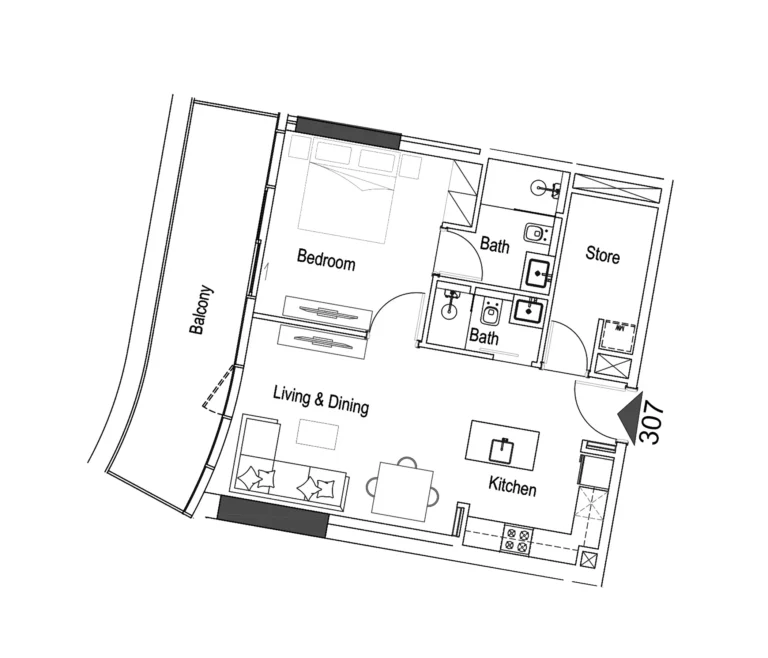 15 Cascade floor plan 1-спальн. · 860 sqft