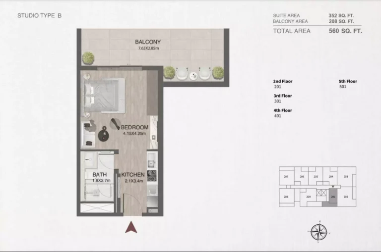 One by Nine floor plan Studio · 560 sqft