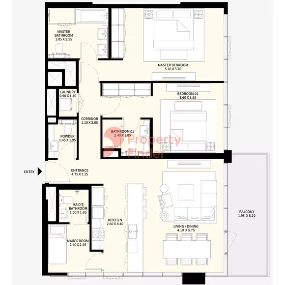 Naya at District One floor plan 2-спальн. · 1434 sqft