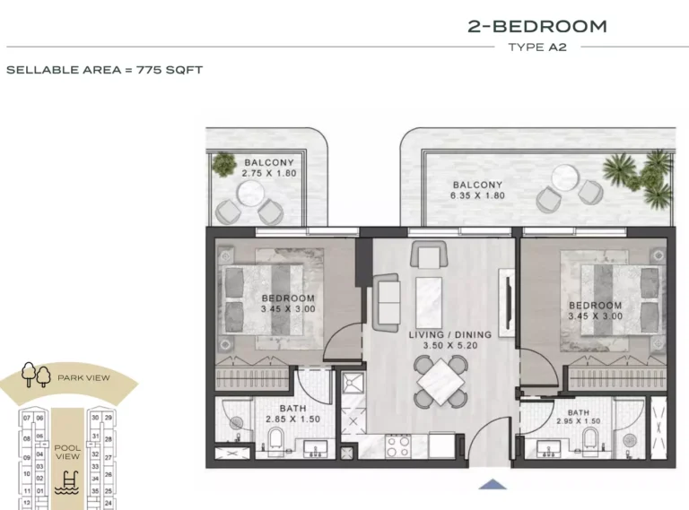 Elo 3 floor plan 2-спальн. · 775 sqft