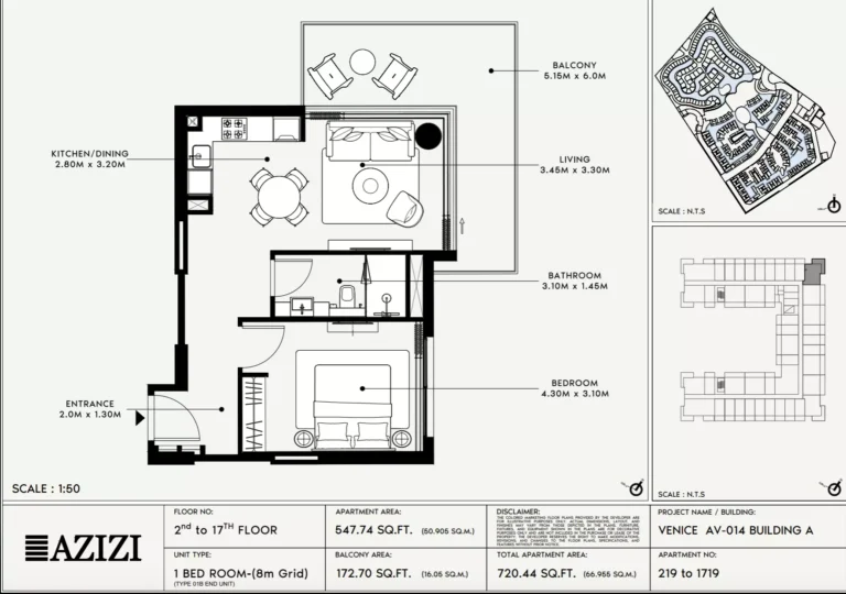 Azizi Venice 14 floor plan 1-спальн. · 720 sqft