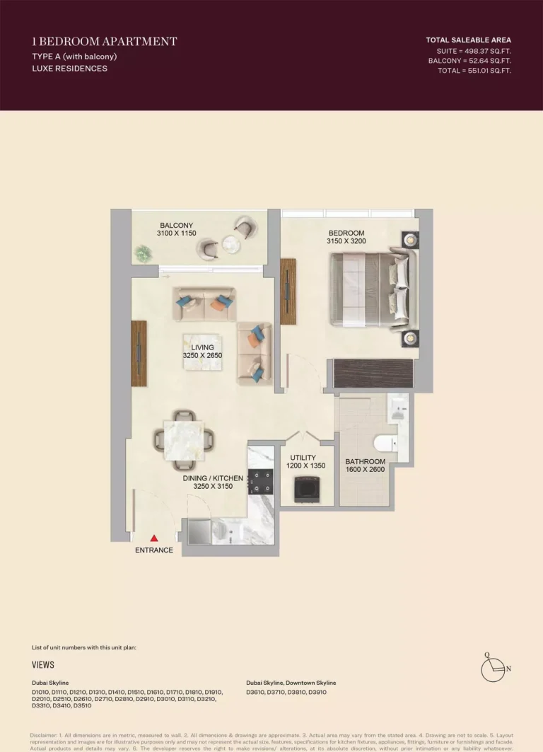 SkyVue Altier floor plan 1 BR · 551 sqft