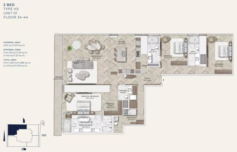 Mr. C Residences Downtown floor plan 3-спальн. · 3143 sqft