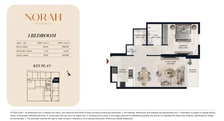 Norah Residence floor plan 1 BR · 673 sqft